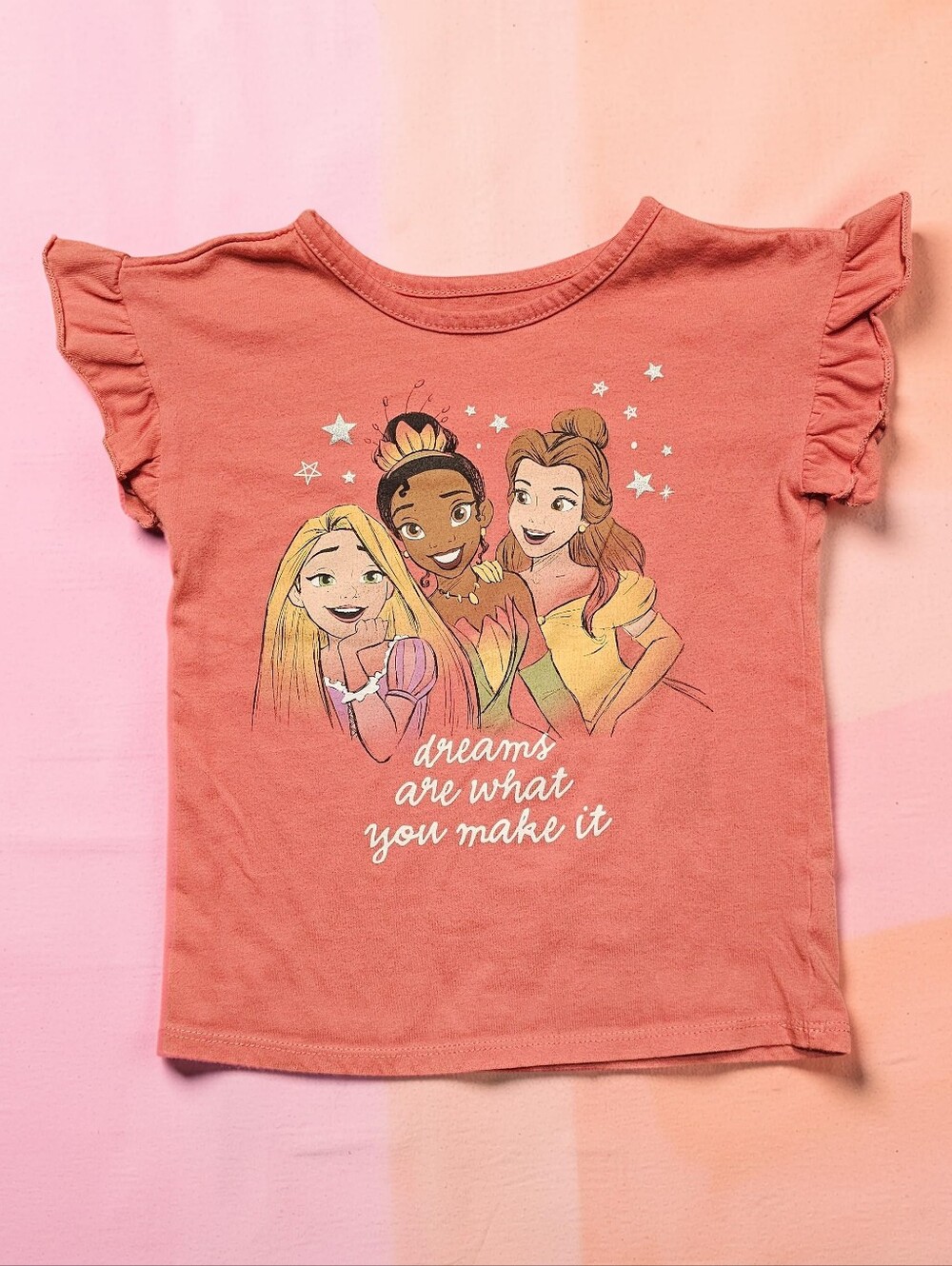 DISNEY PRINCESS Girls' Coral Pink Graphic Tee. Size 5T.